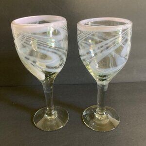 Light Pink Swirl Handblown Glass Wine Water Goblets